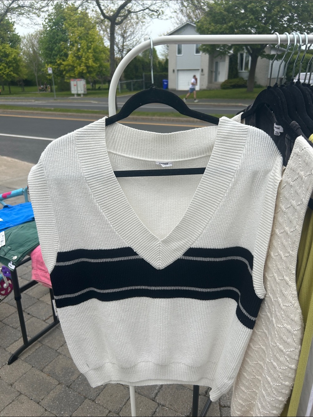 Garage Cream V-Neck Sweater Vest with Black Stripes